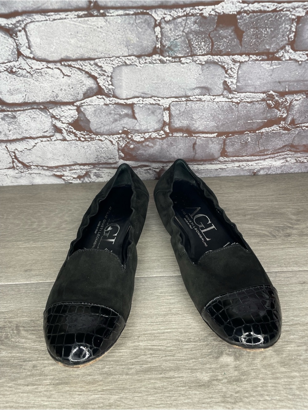 AGL Black Suede Leather Patent Cro Cap Toe Ballet Flats women sz 41EU/10.5M US